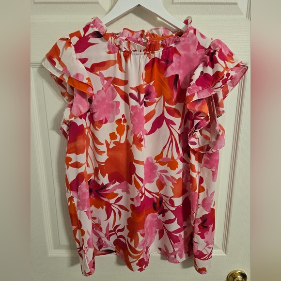 PrettyGarden Tops - Pretty Garden Floral Ruffle Sleeve Top  Pink and Orange Size XL